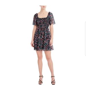 BCBG PARIS Black Floral Smocked Chiffon Flutter Sleeve Flowy Dress